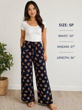 LOFT Petite Floral Wide Leg Pants Navy Rayon Elastic Waist Boho Chic SP